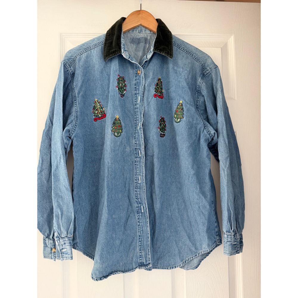 VTG 90s Holiday Embroidered Button Down Novelty Shirt Cottage Grannycore Cottage